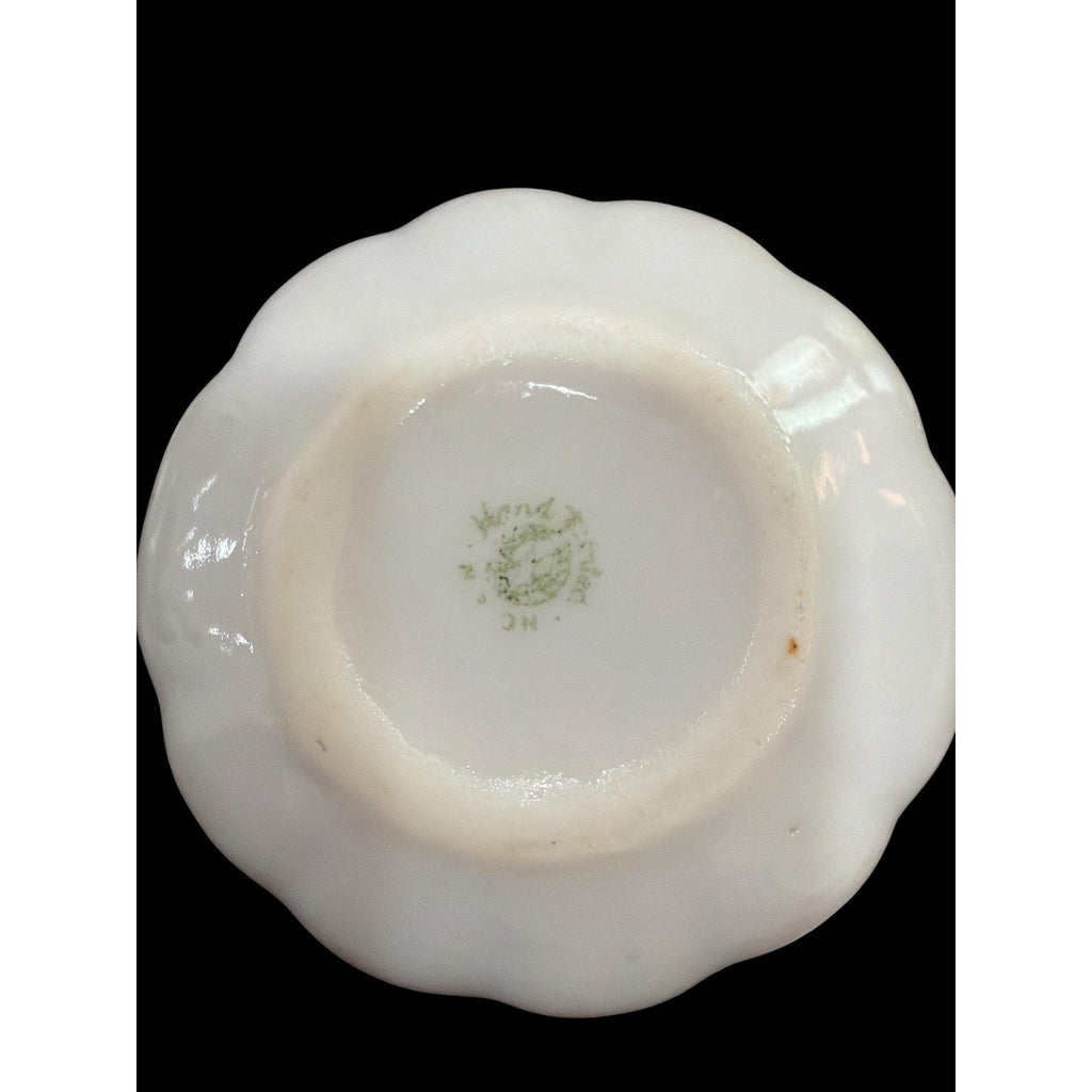 Antique Hand Painted Porcelain Salt Cellars with Glass Spoons, Victorian Violet