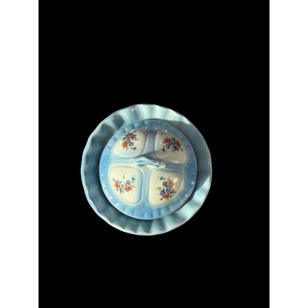 Vintage Blue Floral Biscuit Barrel Cookie Jar Covered Ceramic Canister Cottage