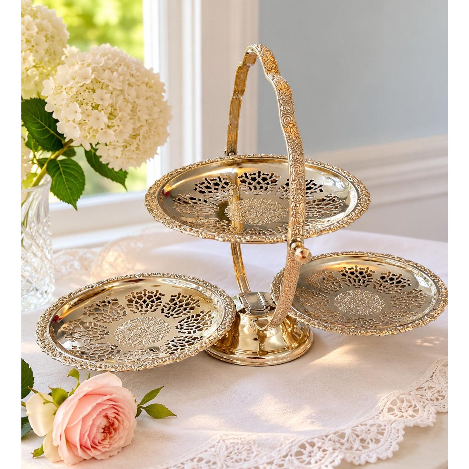 Vintage Queen Anne Silver Plate Folding Tidbit Tray Made in England | English Tea Party Server | Three Tier Serving Stand | Cottage Chic Dec