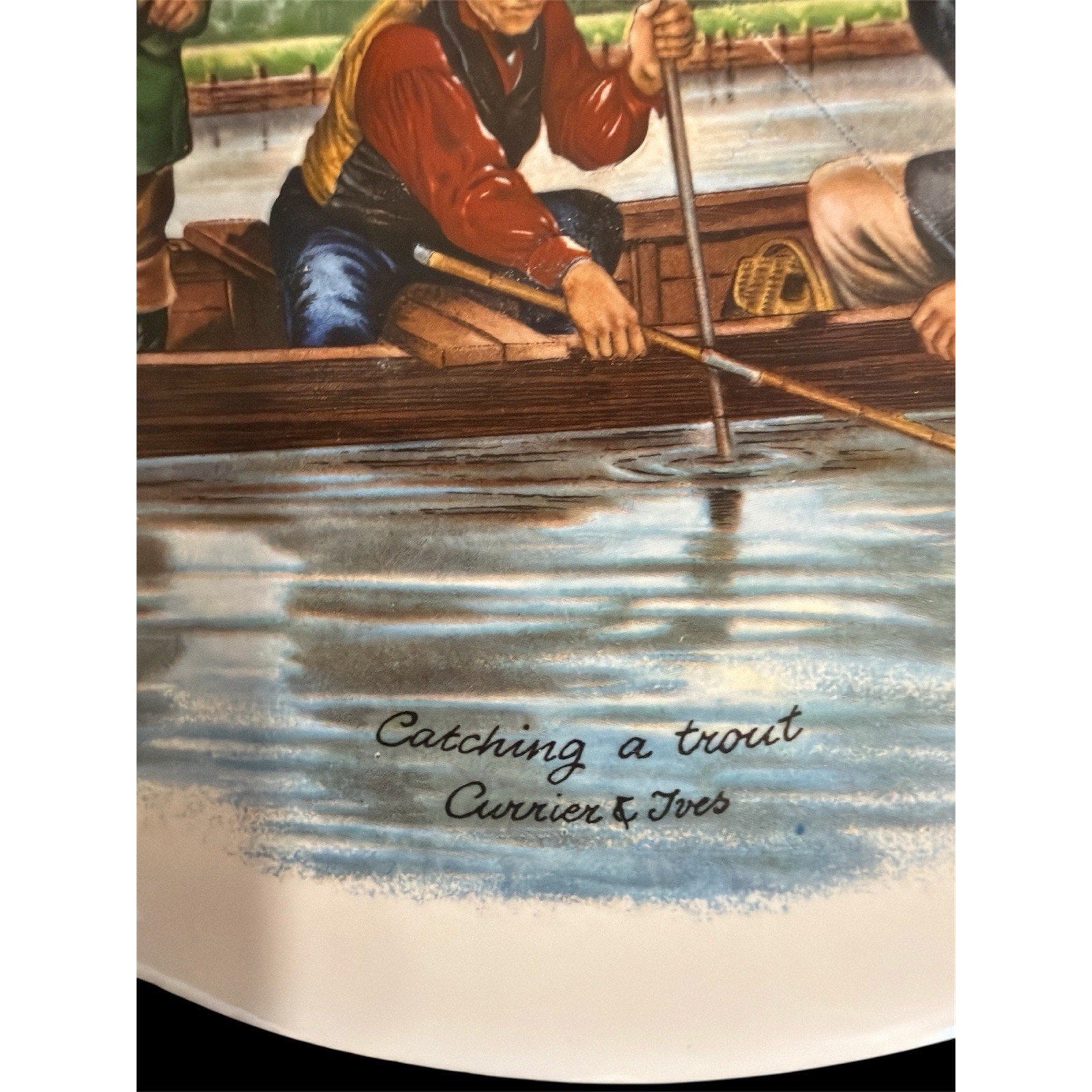 Vintage Currier & Ives Wall Plaques Set of 4 Hunting Fishing Cabin Decor 7.5"