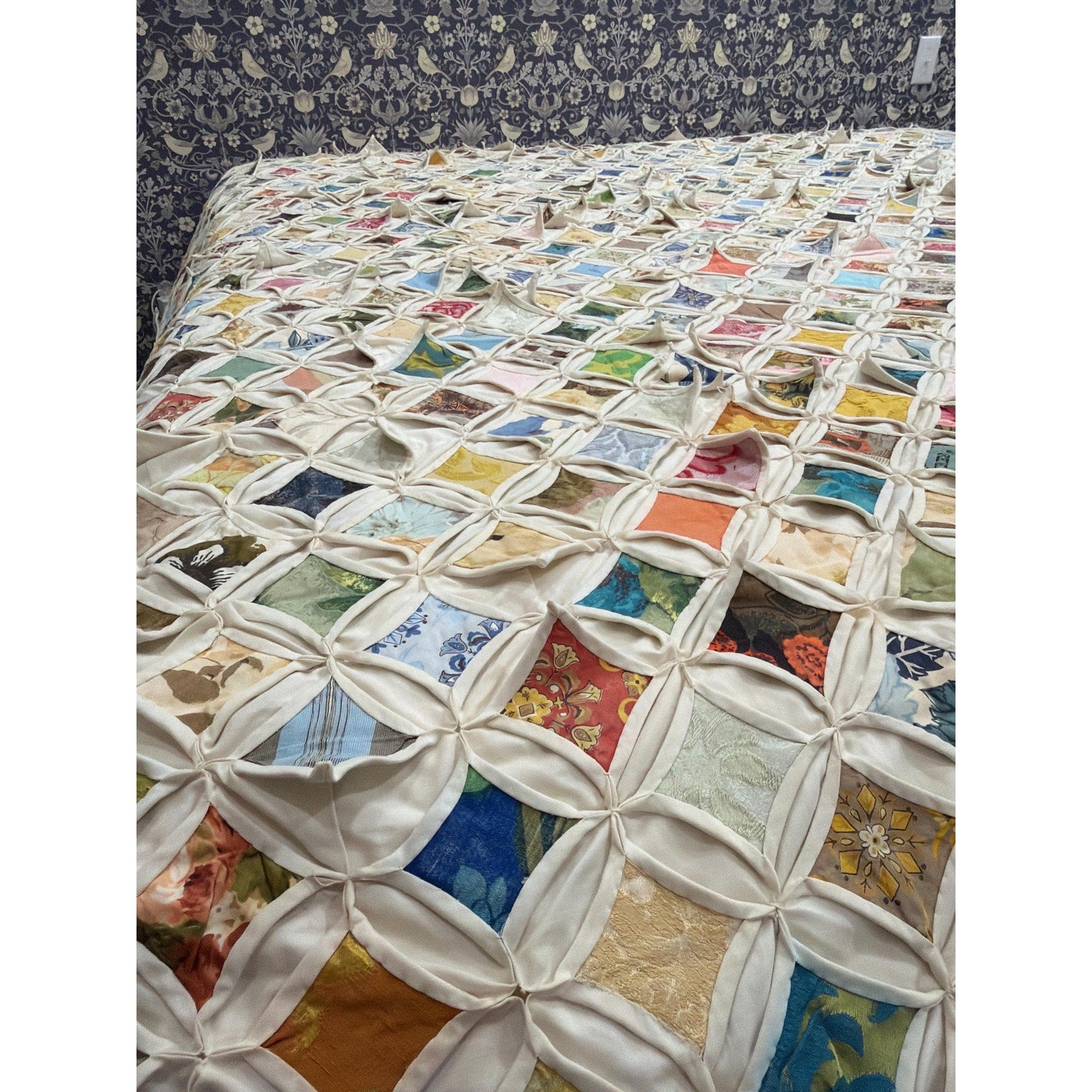 Vintage Cathedral Window Quilt King Size 96x96 Handmade Heirloom Patchwork Quilt