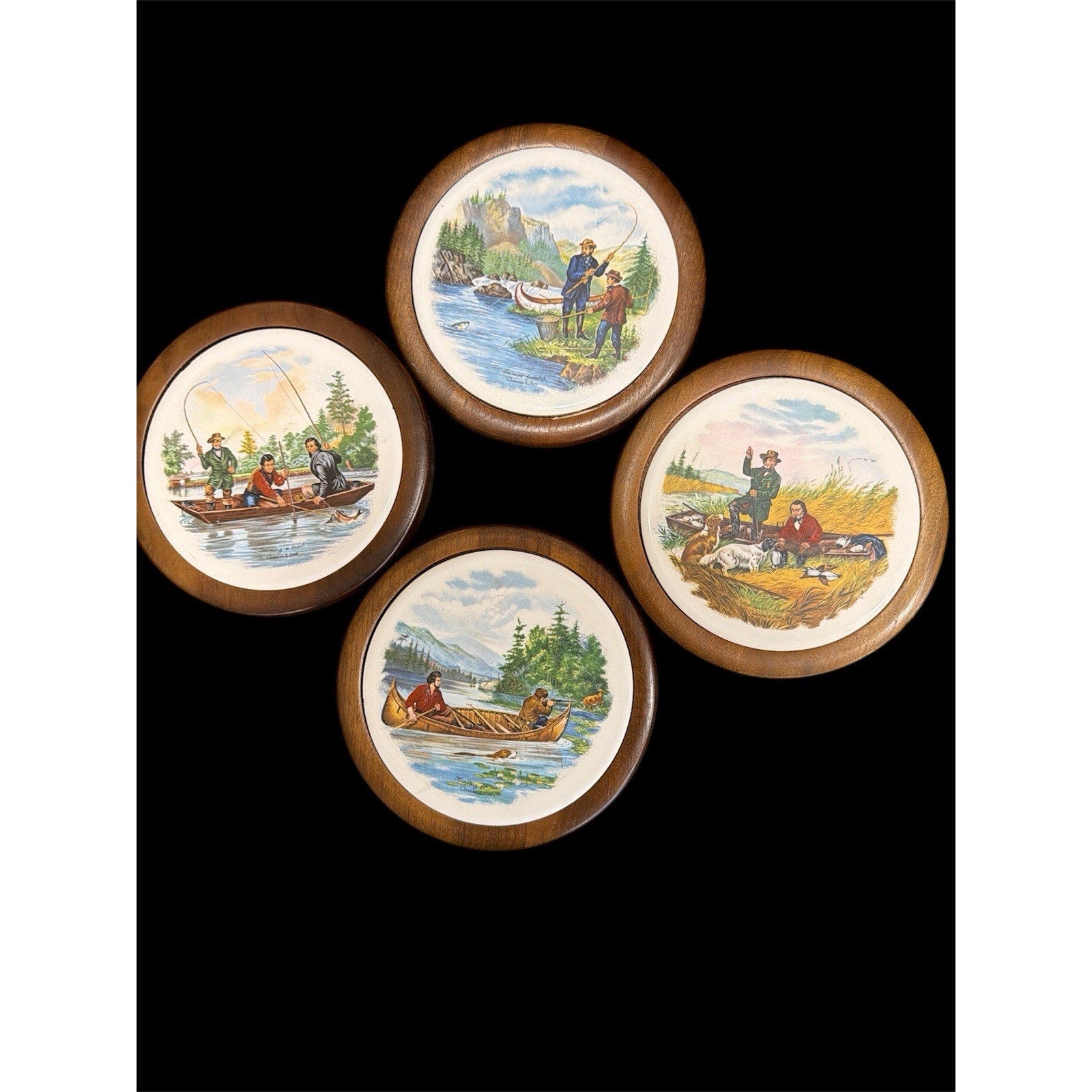 Vintage Currier & Ives Wall Plaques Set of 4 Hunting Fishing Cabin Decor 7.5"