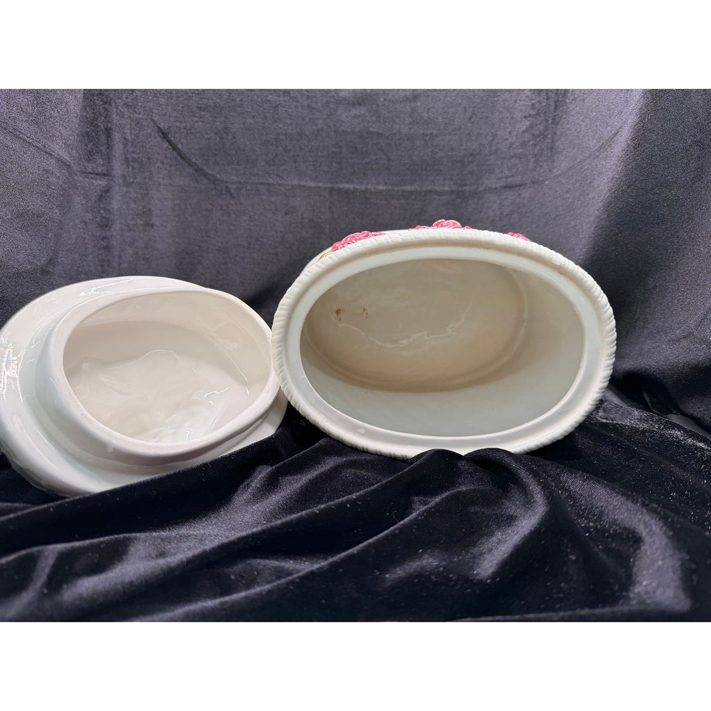 Vintage Ceramic Rose Cookie Jar White Floral Cottage Kitchen Canister with Lid