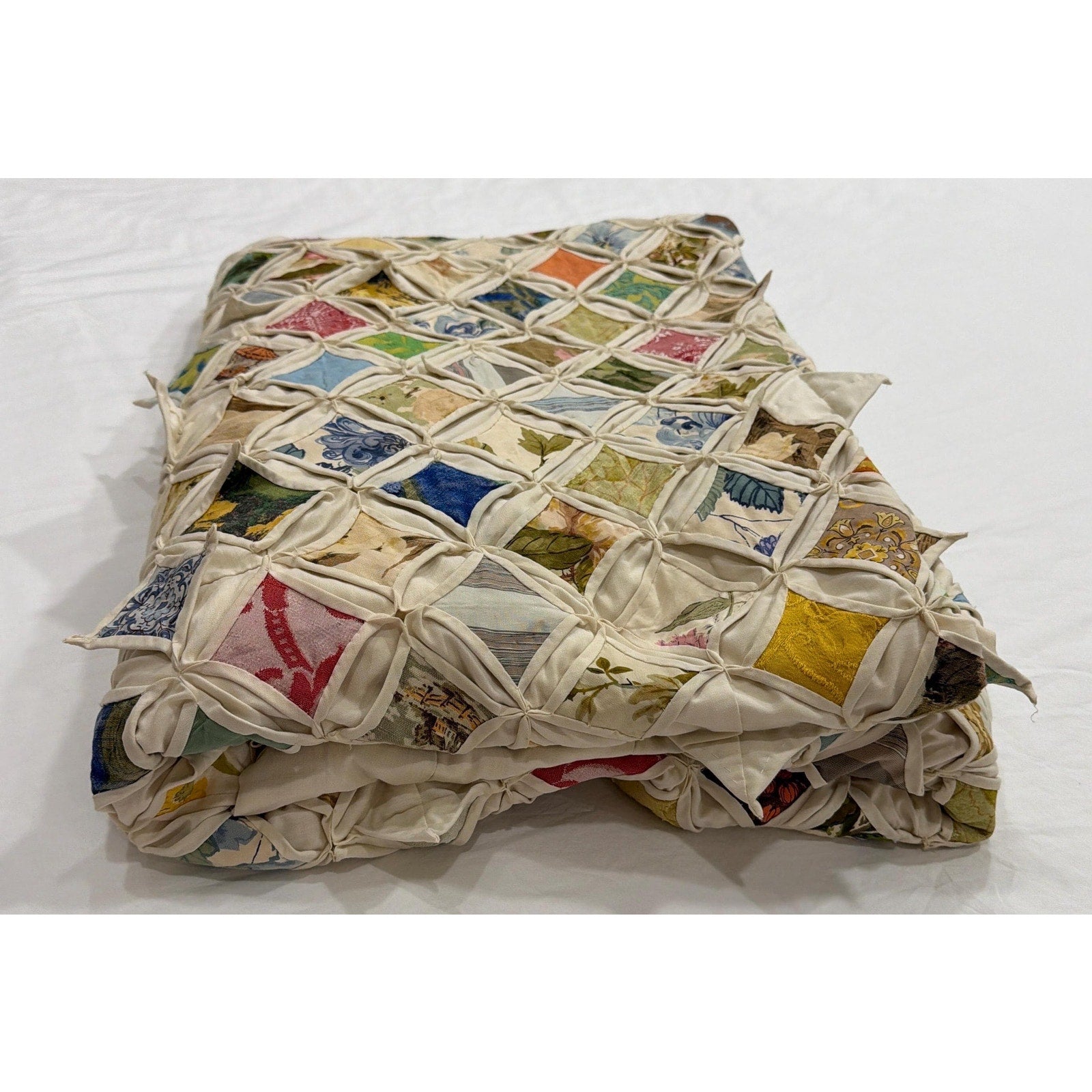 Vintage Cathedral Window Quilt King Size 96x96 Handmade Heirloom Patchwork Quilt