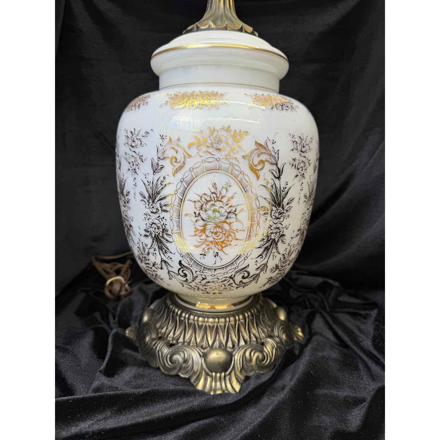 Pair Large Hollywood Regency Lighted Milk Glass Table Lamps 34 Inch