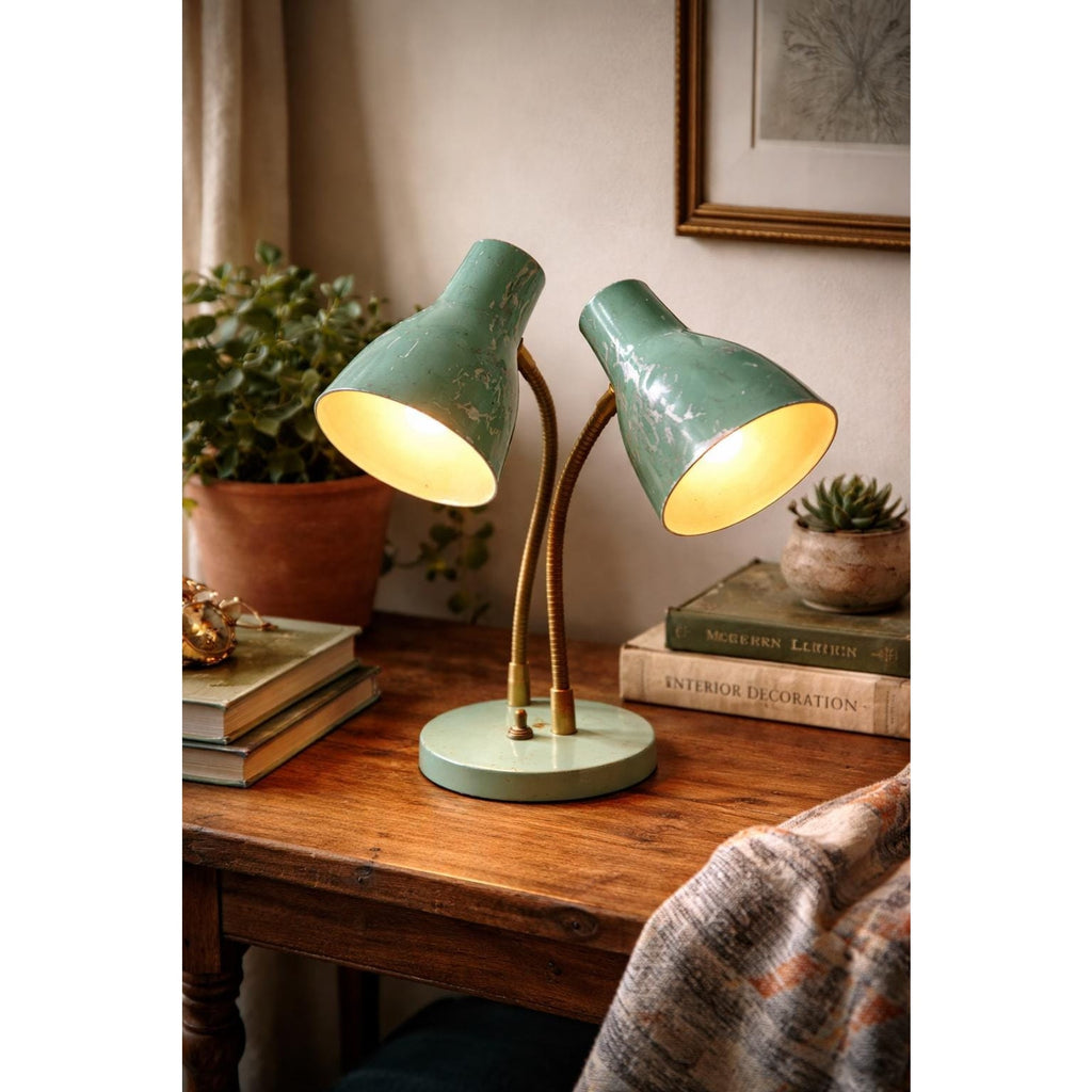 Vintage Mint Green Double Gooseneck Desk Lamp Atomic Era MCM Industrial Task Light