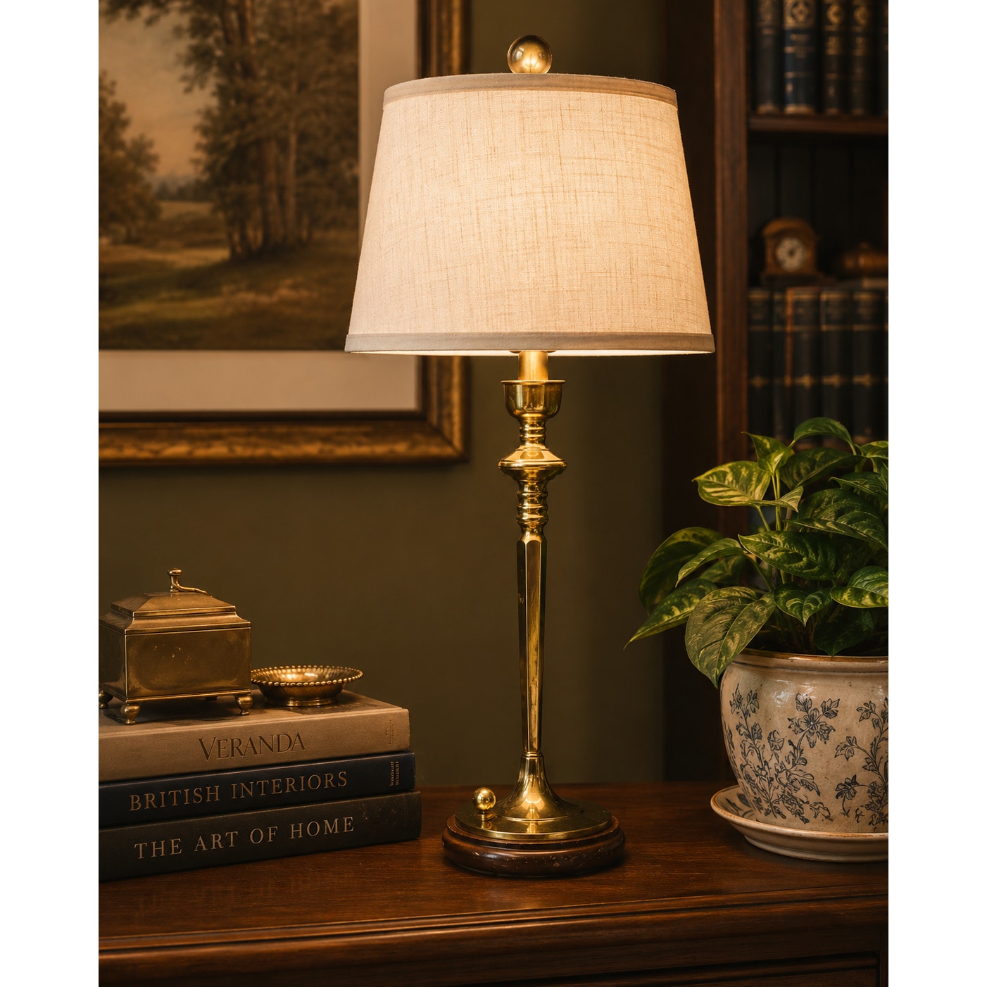 Vintage Solid Brass Candlestick Table Lamp with Sculptural Orb Wood Base