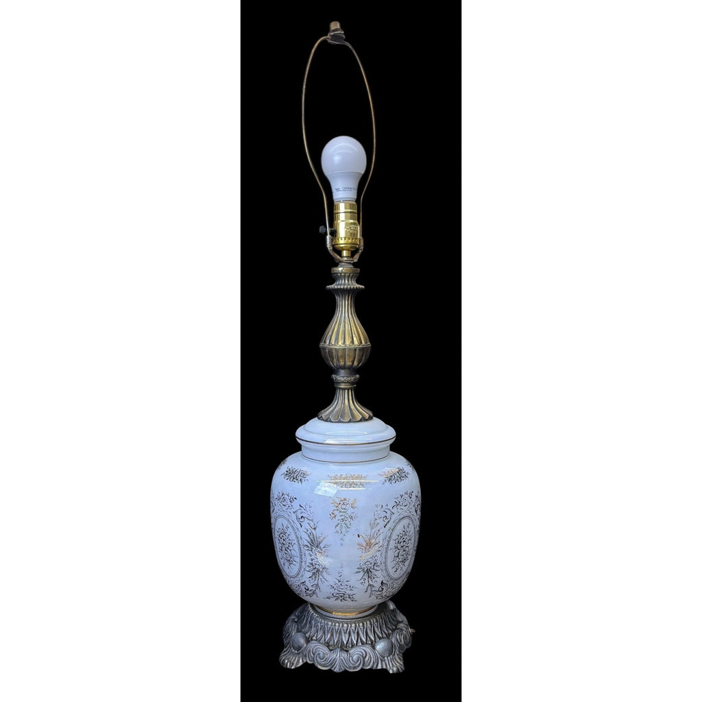 Pair Large Hollywood Regency Lighted Milk Glass Table Lamps 34 Inch
