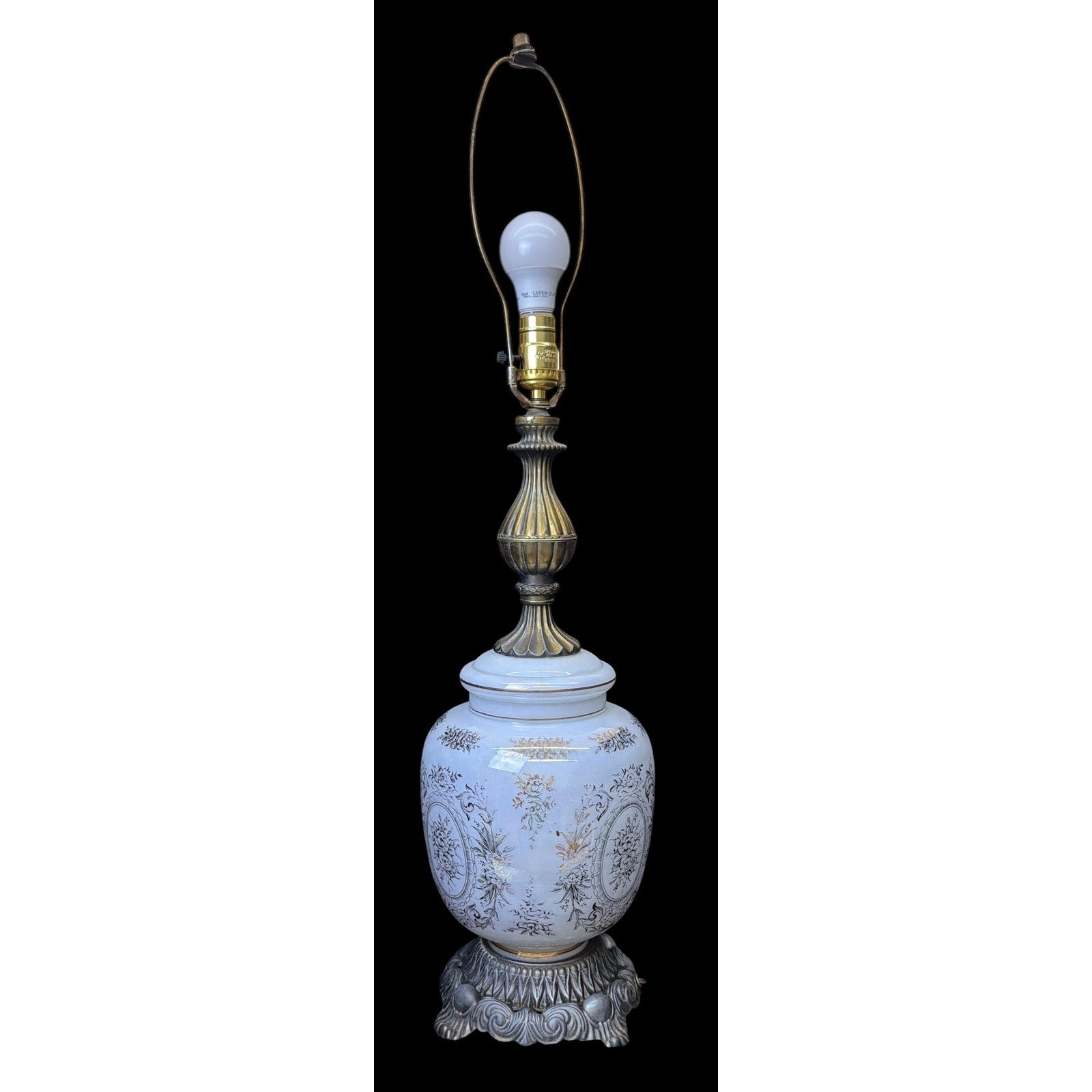 Pair Large Hollywood Regency Lighted Milk Glass Table Lamps 34 Inch
