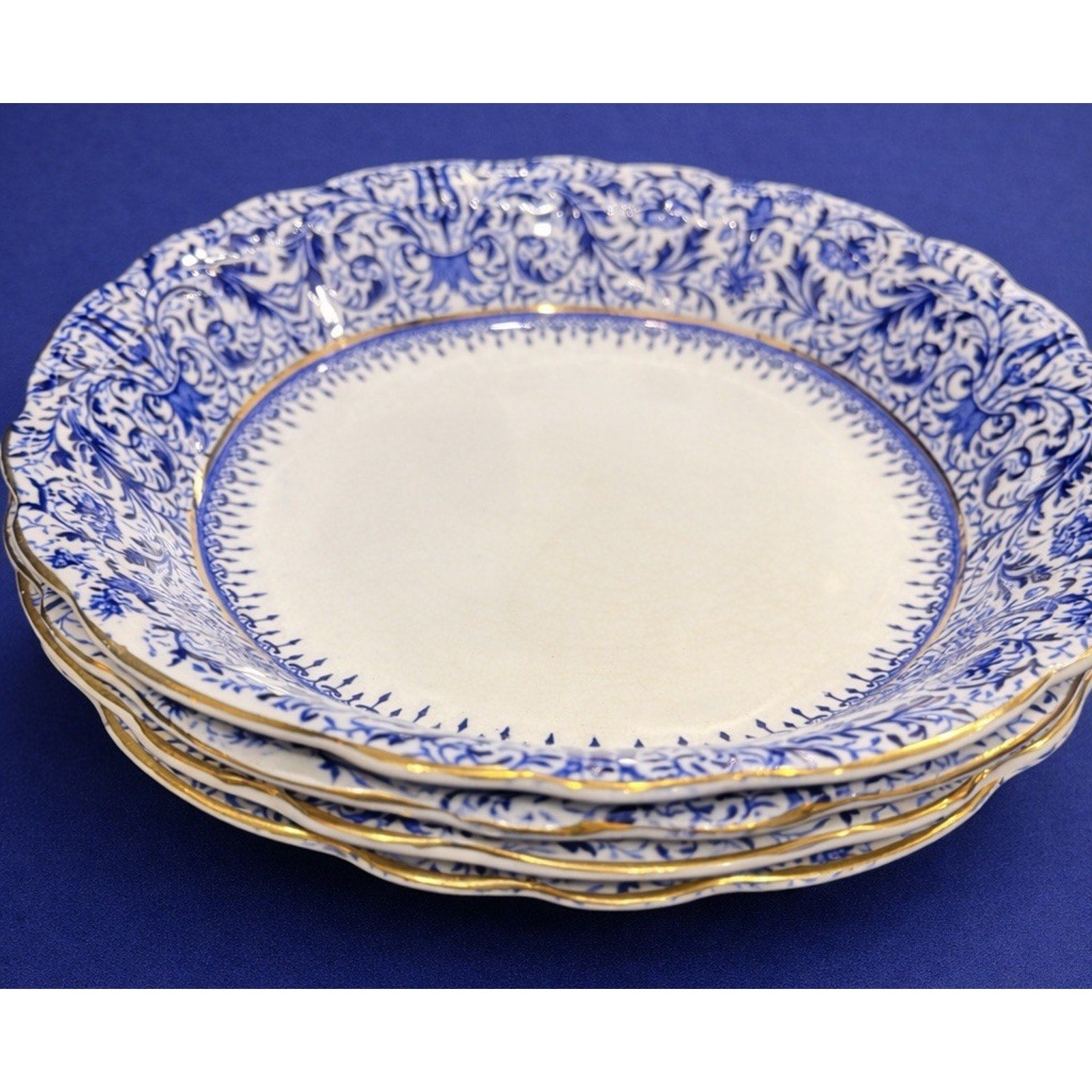 Johnson Bros Burmese Set of 4 Bowls 7.5” Blue White Gilt England Vintage