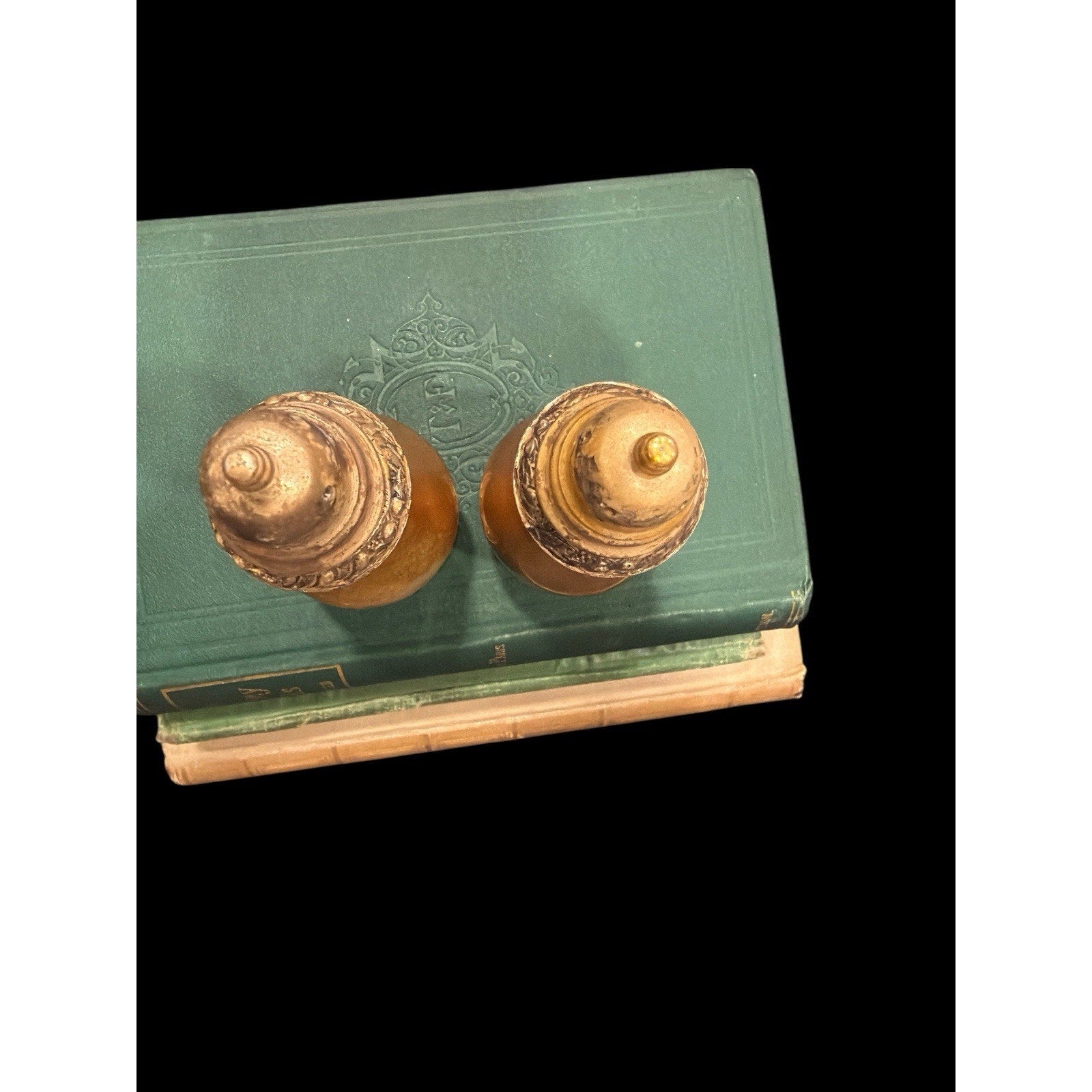 Vintage Oneida Henley Silverplate Salt & Pepper Shakers Brass Patina Pair