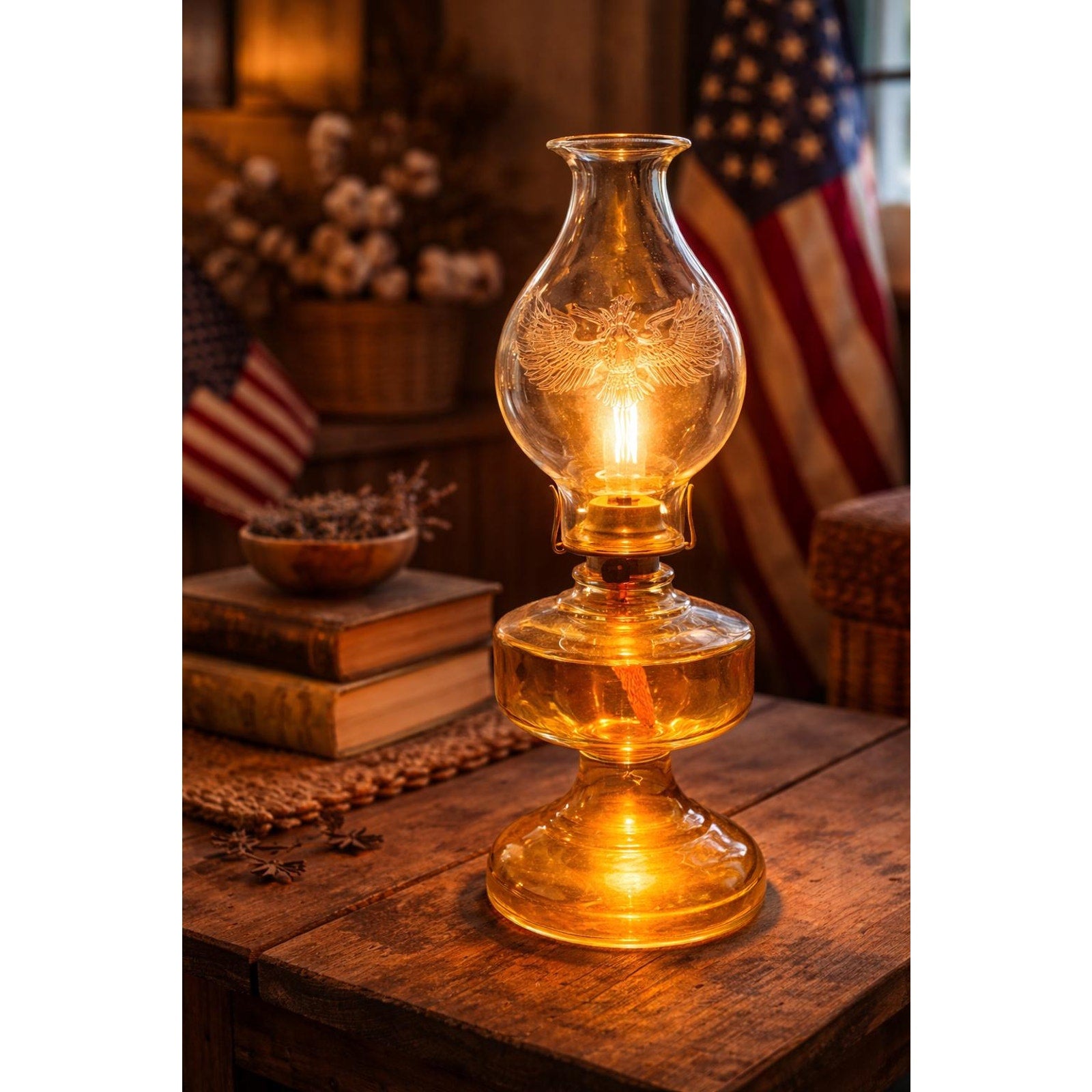 Antique Amber Glass Oil Lamp: Etched Eagle Chimney, Americana Decor