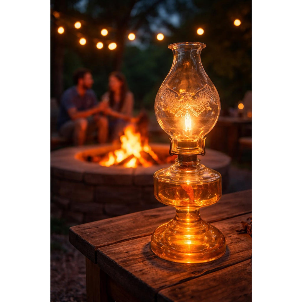 Antique Amber Glass Oil Lamp: Etched Eagle Chimney, Americana Decor