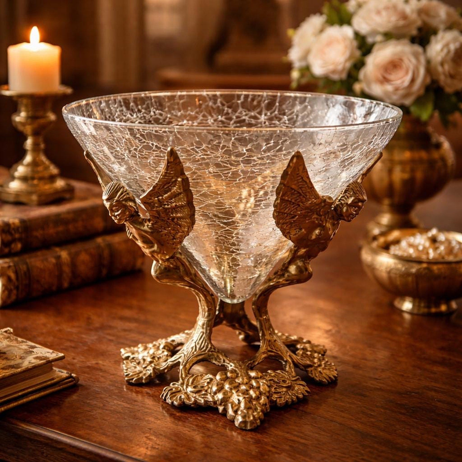 Vintage Cherub Bowl Crackle Glass Brass Compote Angel Centerpiece Hollywood Regency Gold Decor